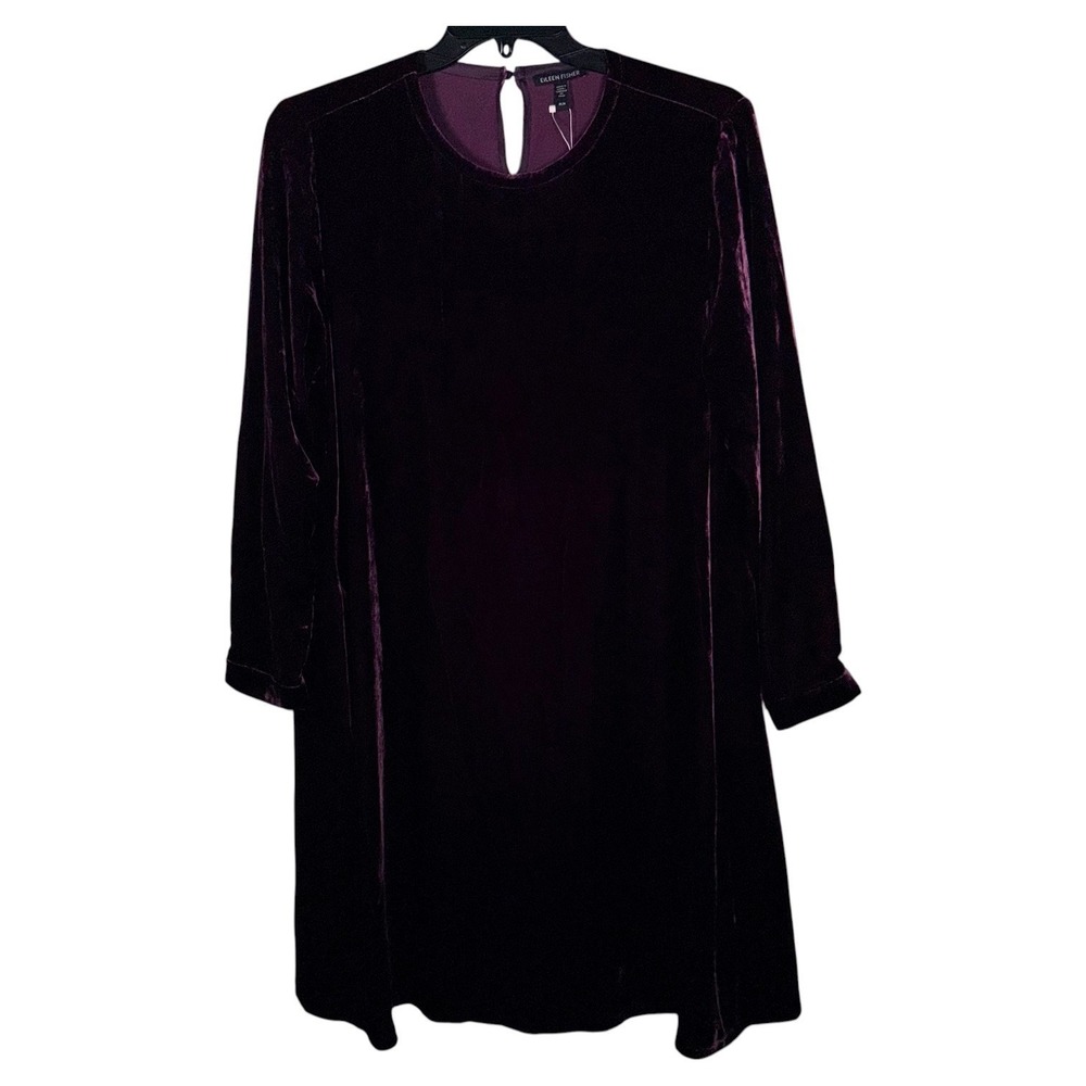 Eileen Fisher Medium Black Plum Viscose Silk Velvet Crew Neck Knee Length Dress